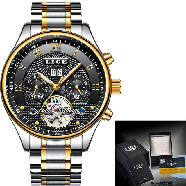 LIGE Mechanical Watches, Men Luxury Brand Chronograph, Waterproof Full Steel Quartz Men's Watch.