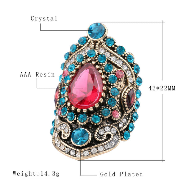 Hot Pink Big Turkish Gold Vintage Style Rings For Women. With Mosaic Blue Crystals.