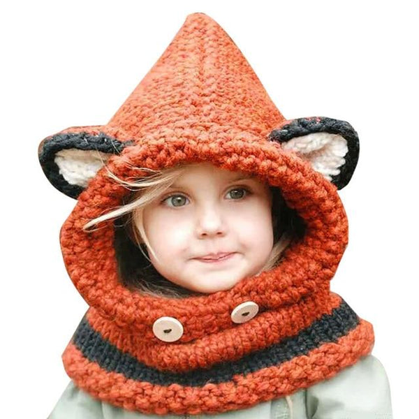 New Design Cute Baby Fox Style 3D Ears Button Knitted Hat With Scarf. Great Gift!