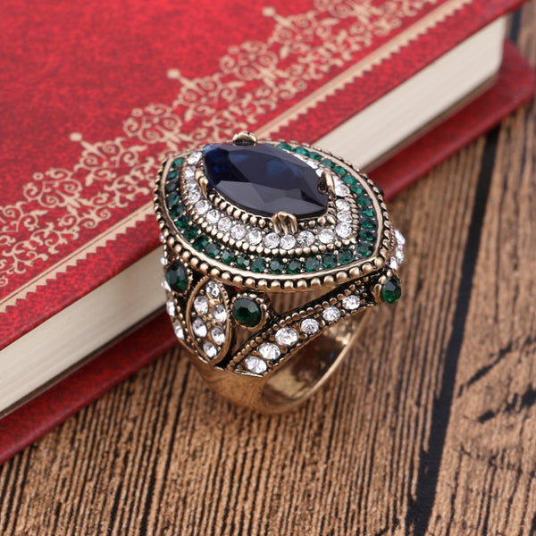 Luxury Handmade White Gold Vintage Ring For Women. Big Turquoise Mosaic Ring.