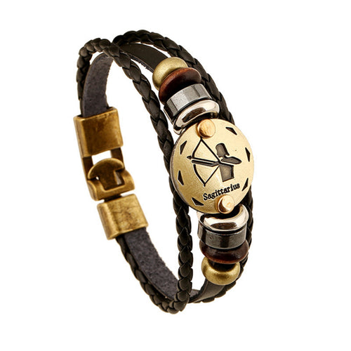 Zodiac Signs Black Gallstone Handmade Leather Bracelet.