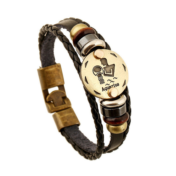 Zodiac Signs Black Gallstone Handmade Leather Bracelet. Great Gift!