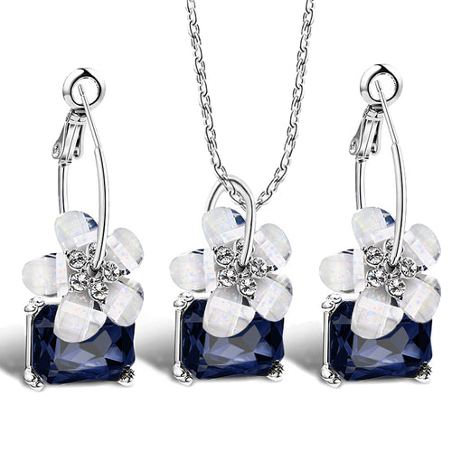 Romantic fine bride Sets blue crystal colorful white flower necklace big Ear ring earrings Jewelry Set for women Wedding Bijoux