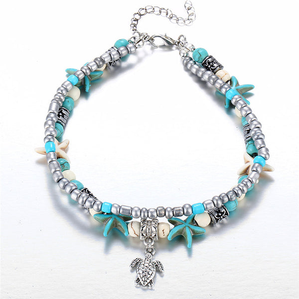Multi Layer Handcrafted Bohemia Style Antique Silver Charm Starfish Anklets For Women.