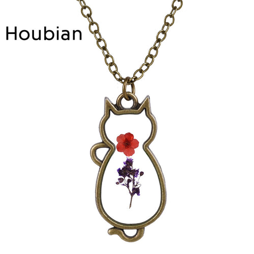 new popular pendant necklace Cat pendant long necklace glass dried flower fashion Cat necklace party necklace